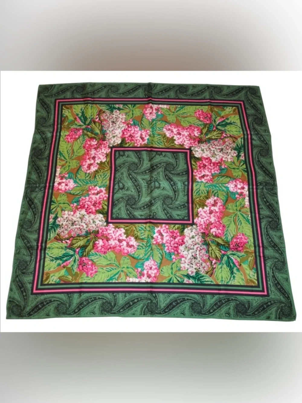 Vintage Oscar de la Renta Floral Green and Pink Silk Square Scarf